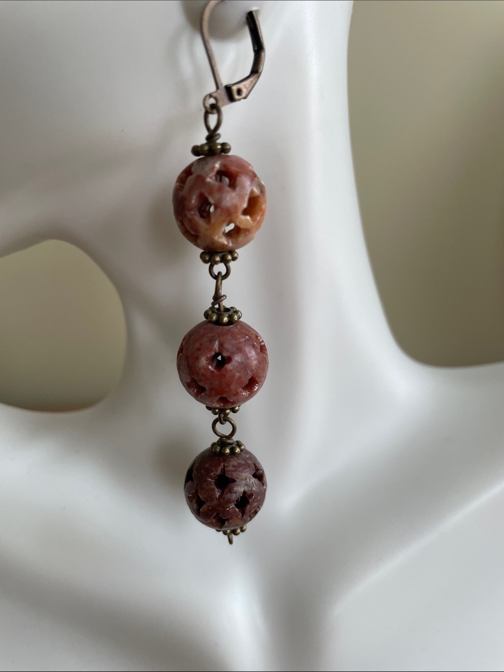 HAND CRAFTED CARVED SOAPSTONE TIERED BOHO BALL DROP DANGLE EARRINGS
